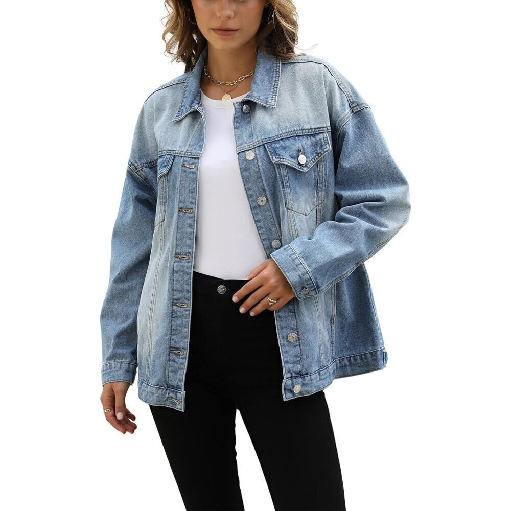 Women's Oversized Mid Long Denim Jacket Jean Biker Coat Long Sleeves Sky Blue